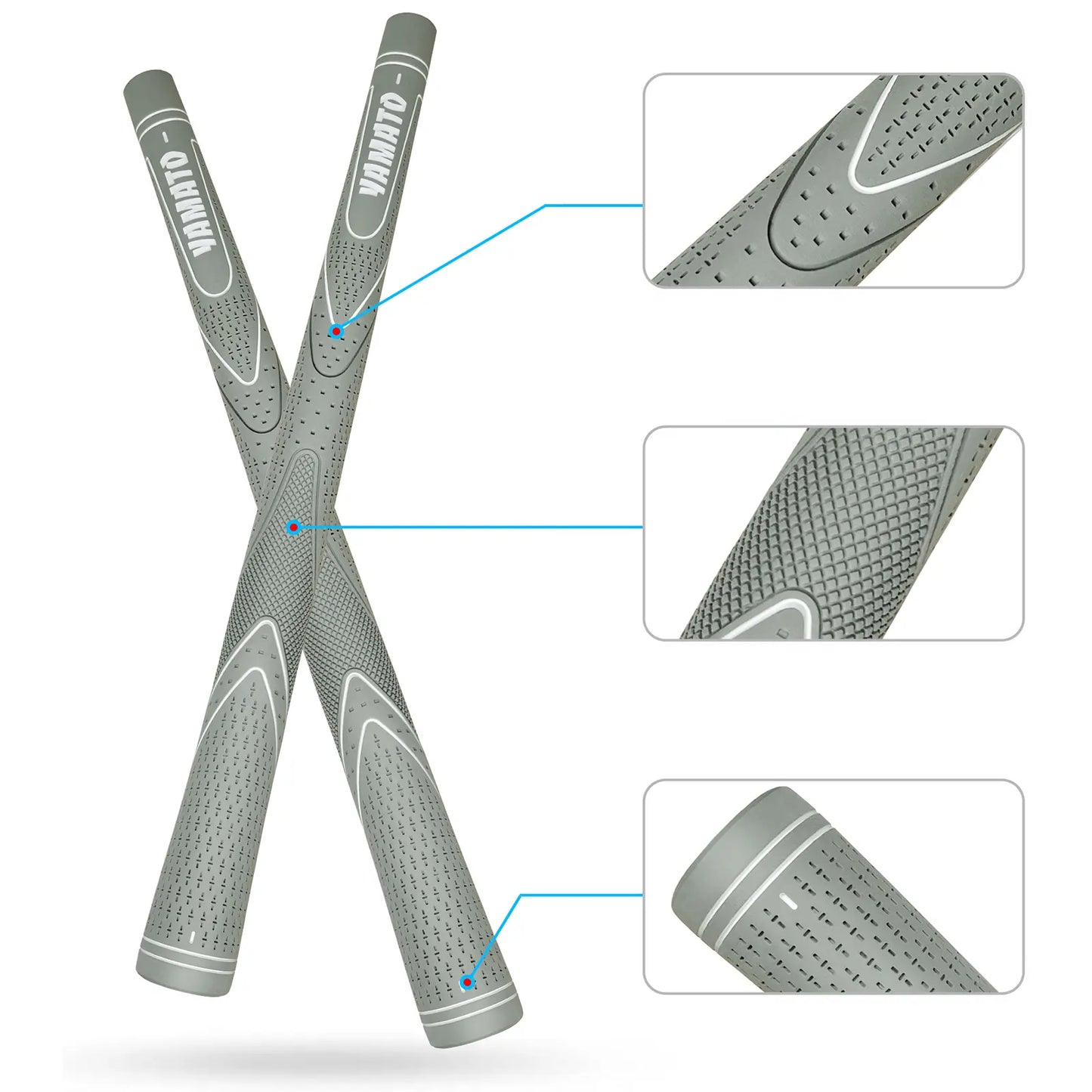 Close-up texture of Yamato kids golf grips in cross layout, non-slip design for better control