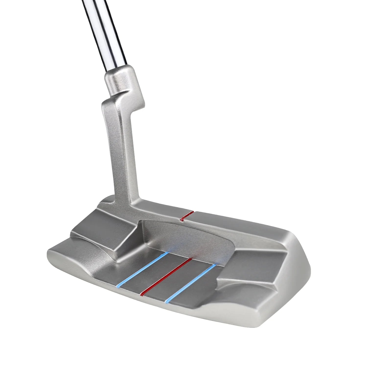 Triple alignment lines on blade putter for enhanced putting accuracy.