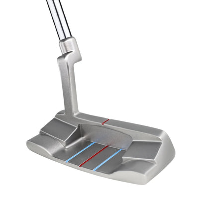 Triple alignment lines on blade putter for enhanced putting accuracy.