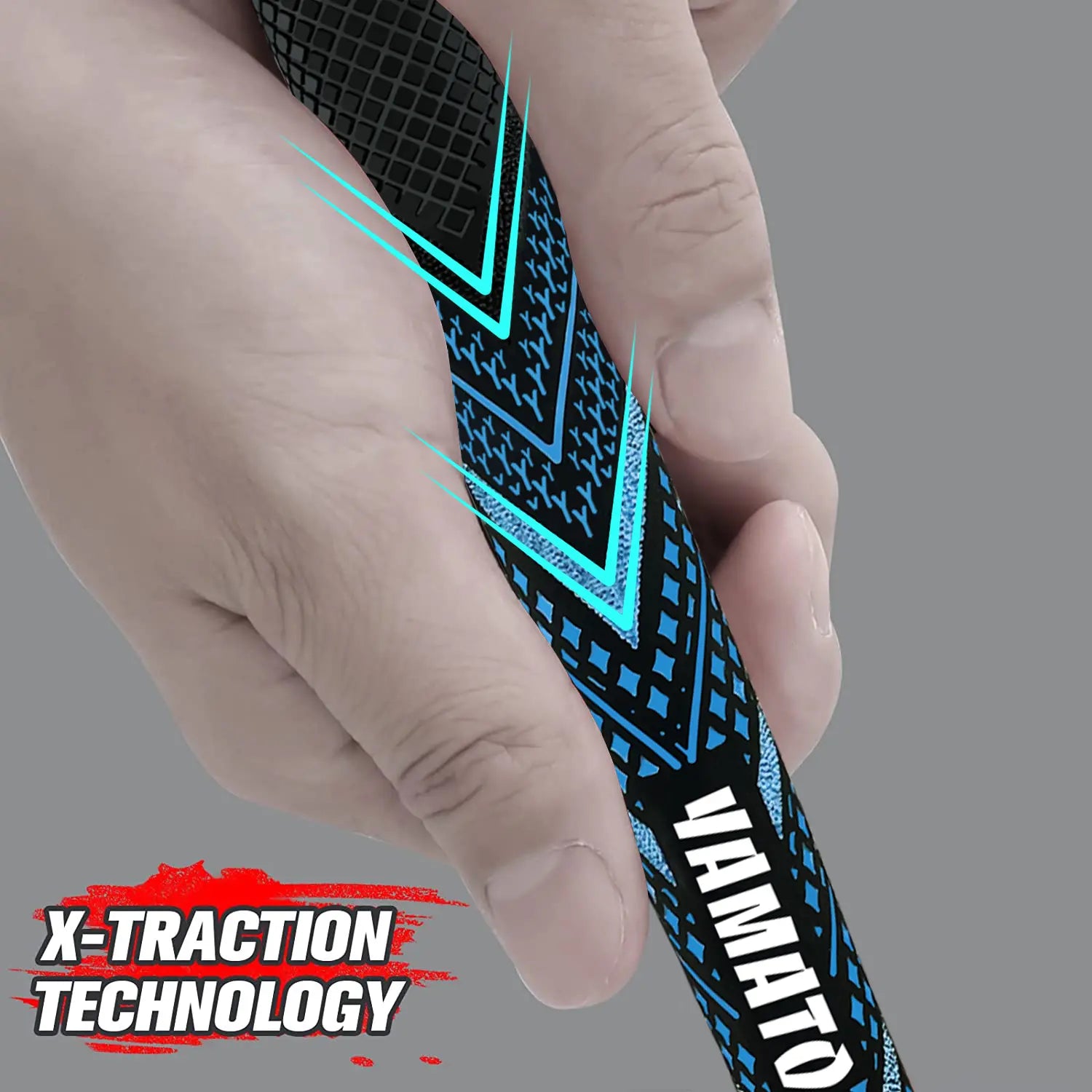 Yamato blue golf grip held in hand, showing comfortable feel and non-slip all-weather design
