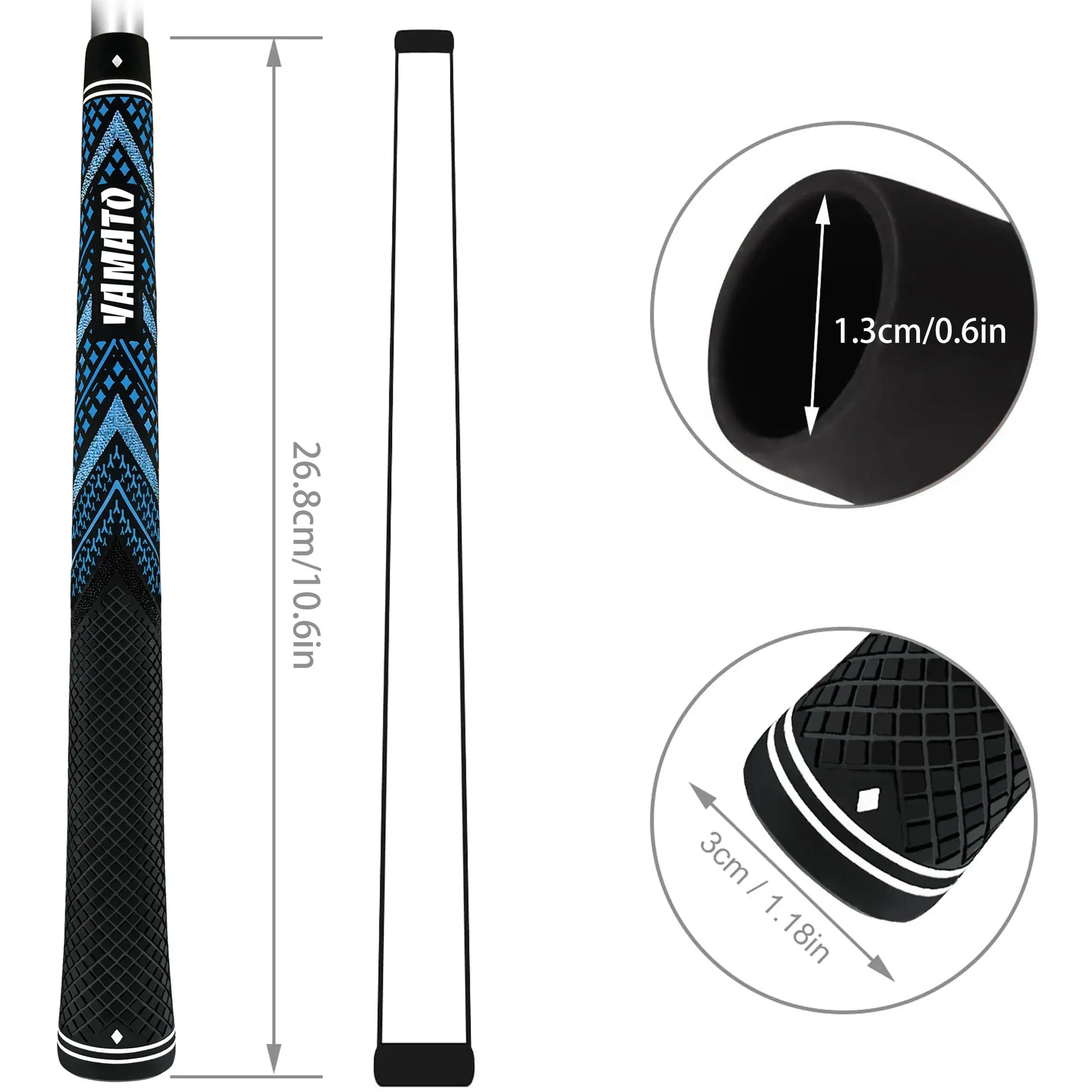 Size chart of Yamato blue golf grip with length and core diameter measurements