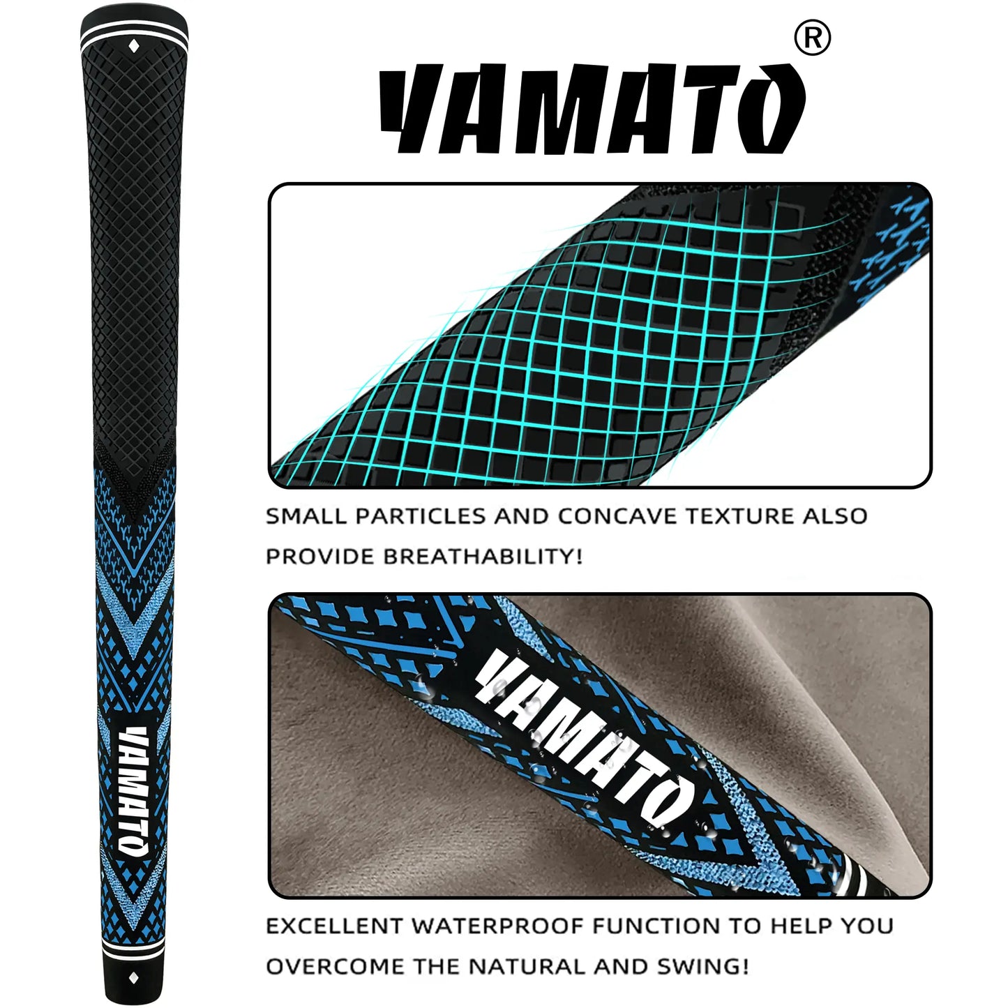 Collage of Yamato blue golf grip showing texture pattern and embossed brand logo details