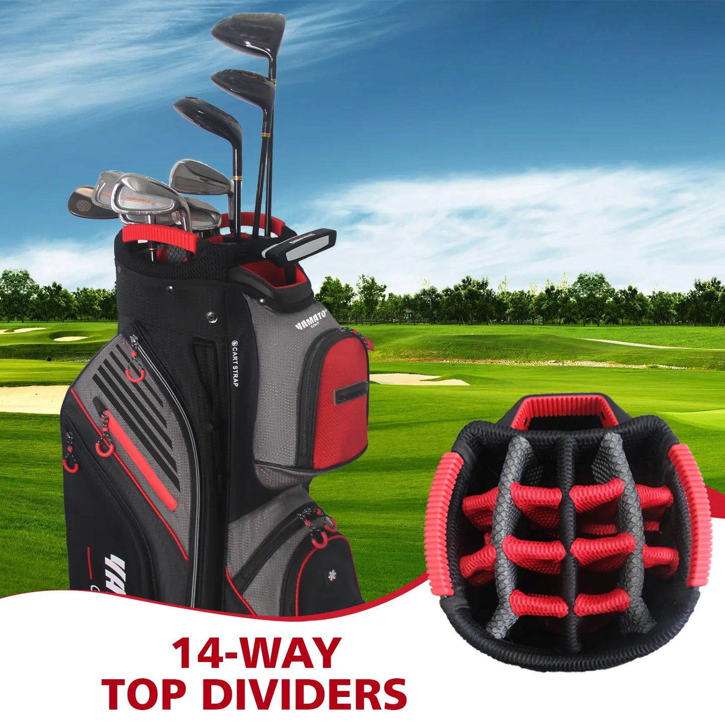 Yamato golf cart bag storage pockets - 14 compartments for balls, tees, and accessories