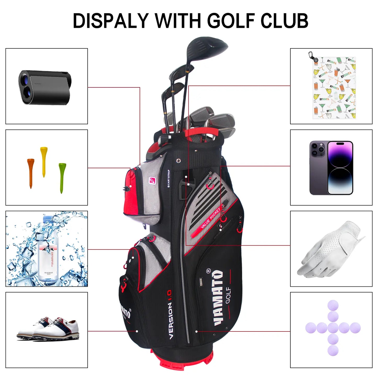 Yamato golf bag storage pockets – 14 compartments for balls, tees, and accessories