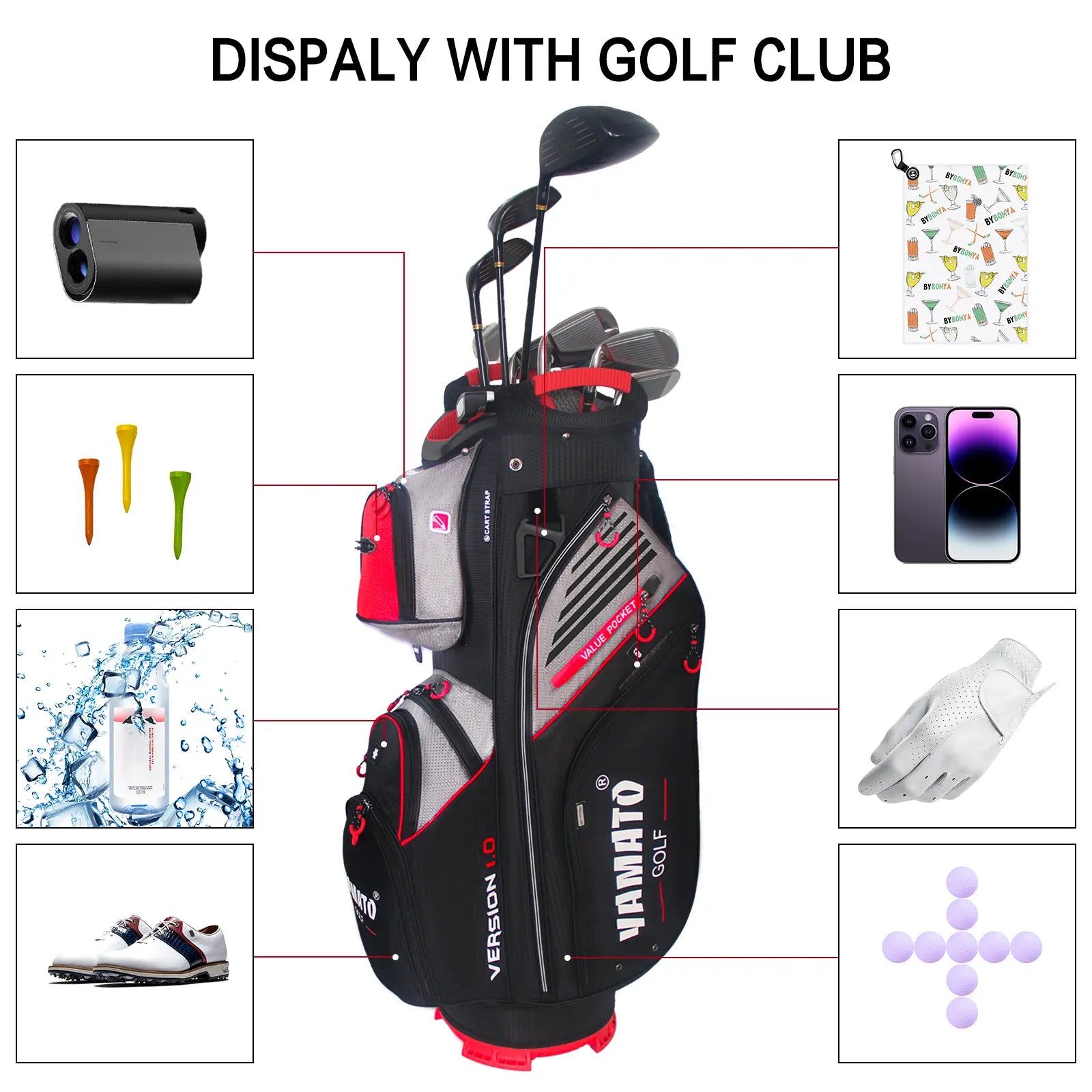 Yamato golf bag storage pockets – 14 compartments for balls, tees, and accessories