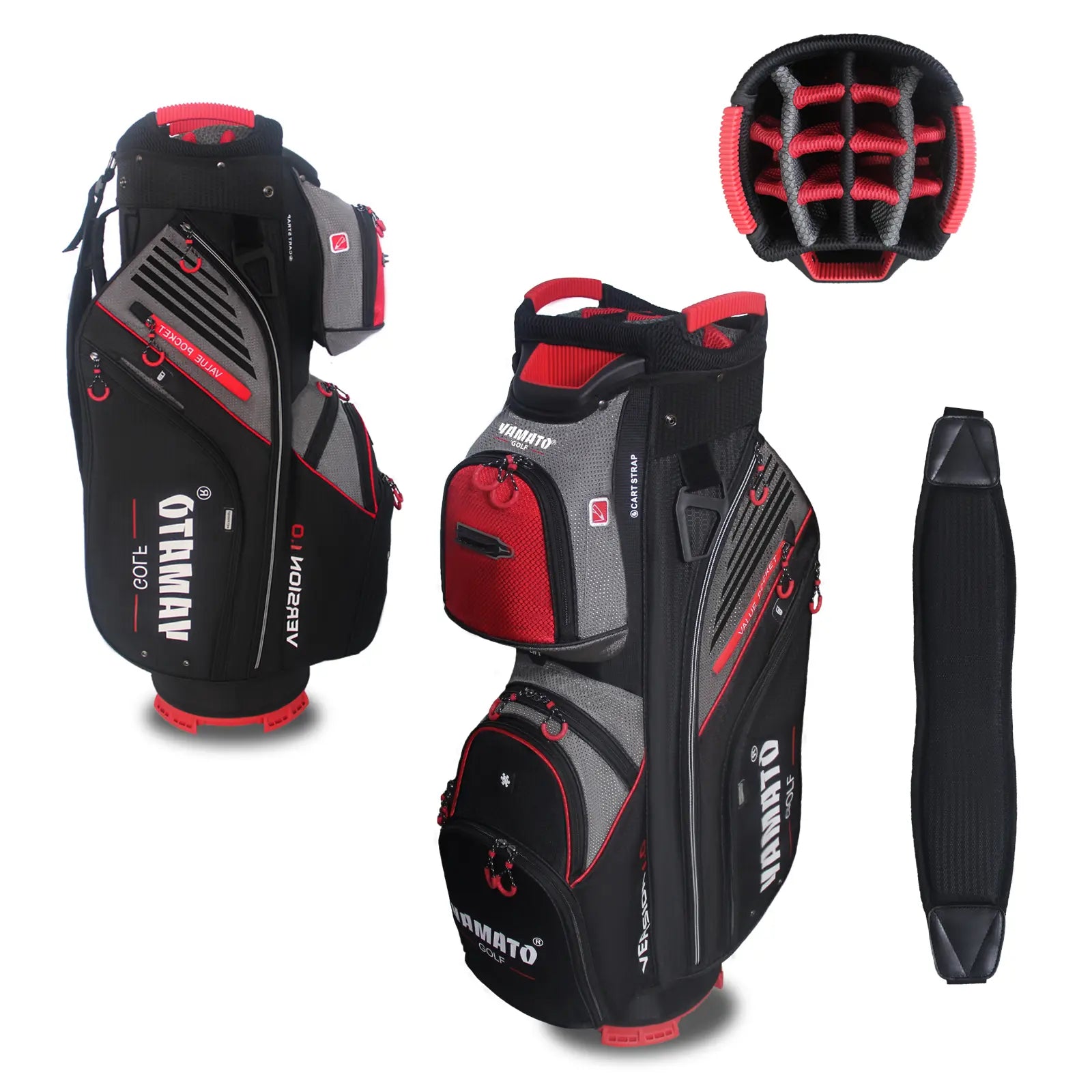 Yamato golf cart bag composite view: Front panel (left), side pocket access (center), and padded dual strap system (right)