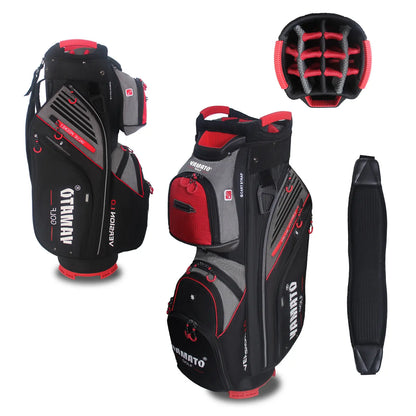 Yamato golf cart bag composite view: Front panel (left), side pocket access (center), and padded dual strap system (right)