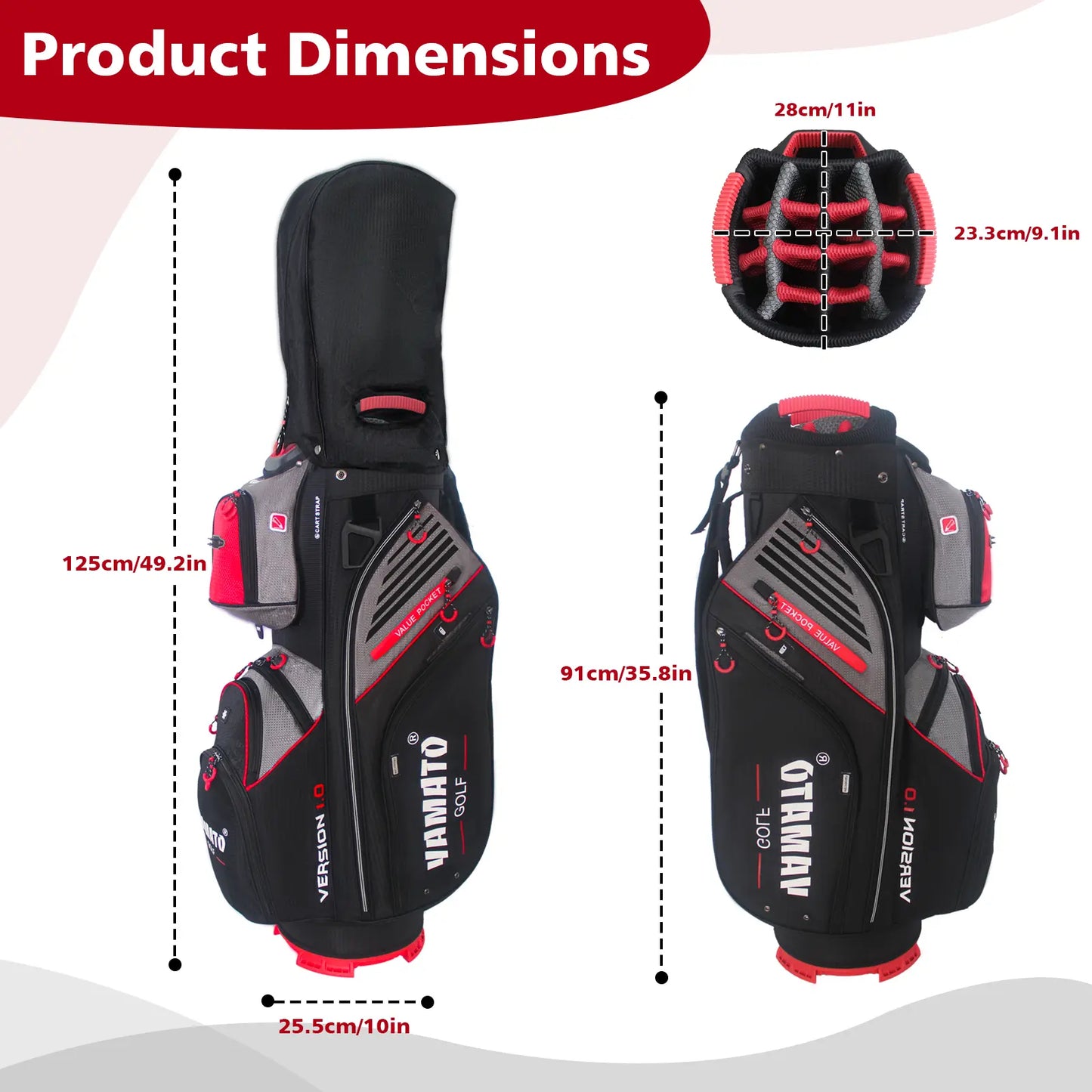 Yamato golf cart bag size comparison - Fits standard 48-inch drivers with room to spare