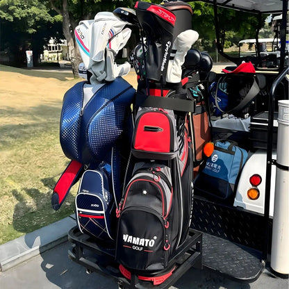 Yamato Golf bag in red and black color mounted on a golf cart at an outdoor course