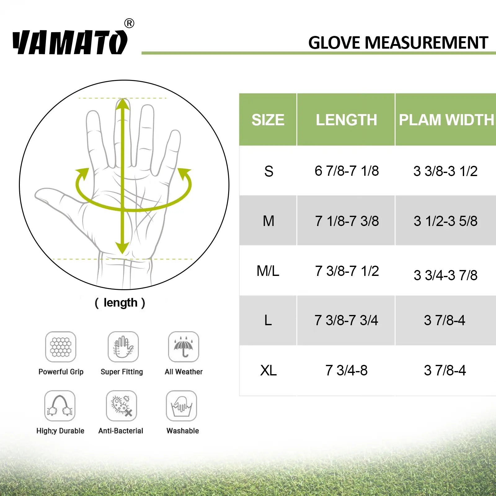 Square golf glove size chart for Yamato gloves in inches