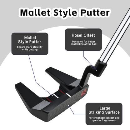 Close-up of Yamato putter's offset hosel design for improved ball control and face alignment.