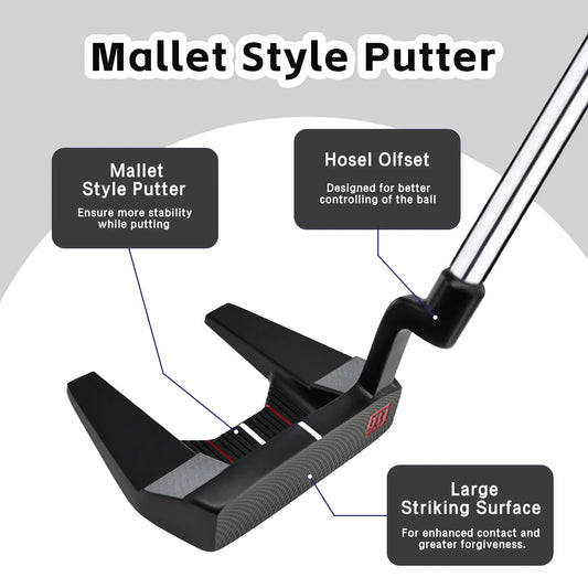 Close-up of Yamato putter's offset hosel design for improved ball control and face alignment.