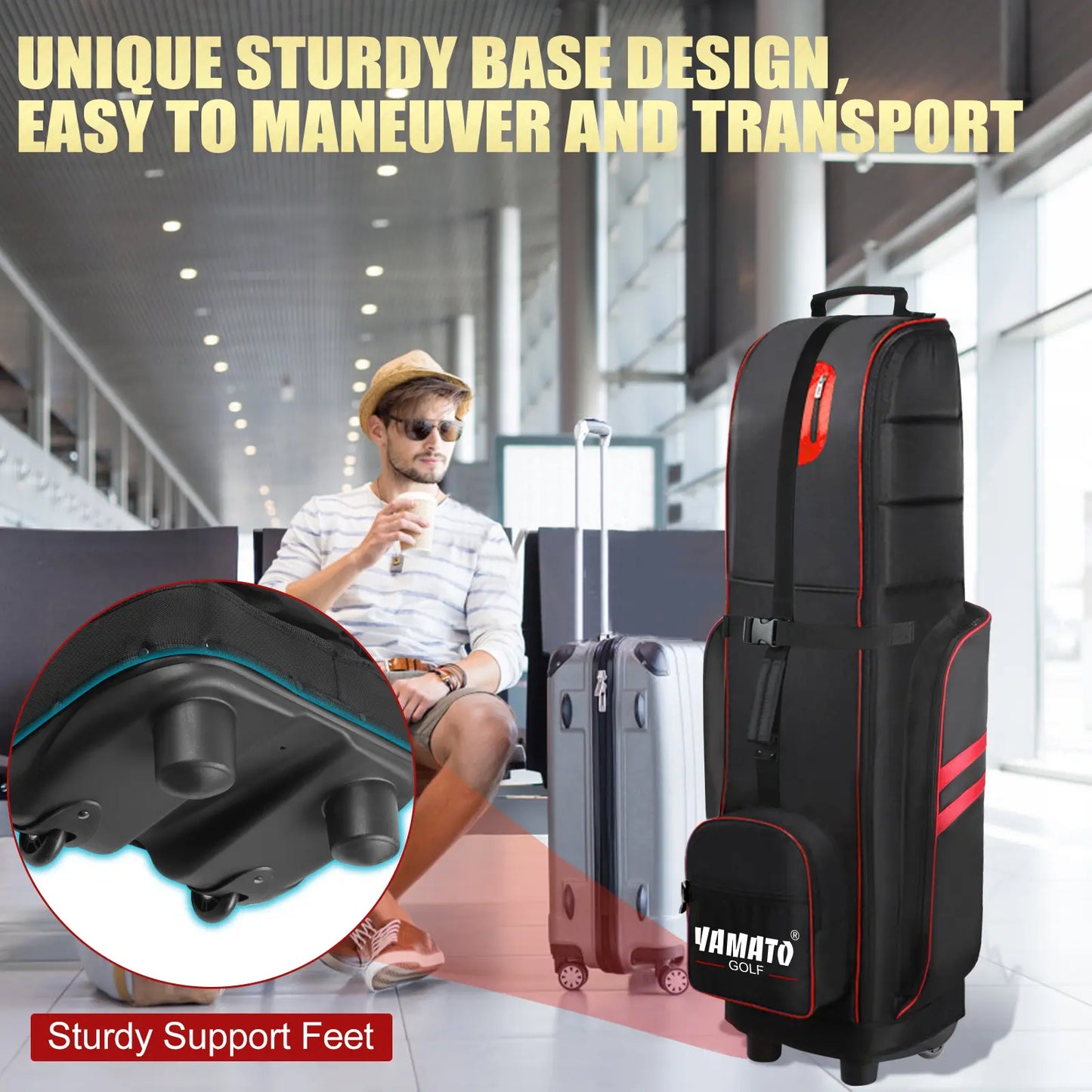 Close-up of Yamato golf travel bag's heavy-duty wheels – Smooth-rolling design for airport mobility