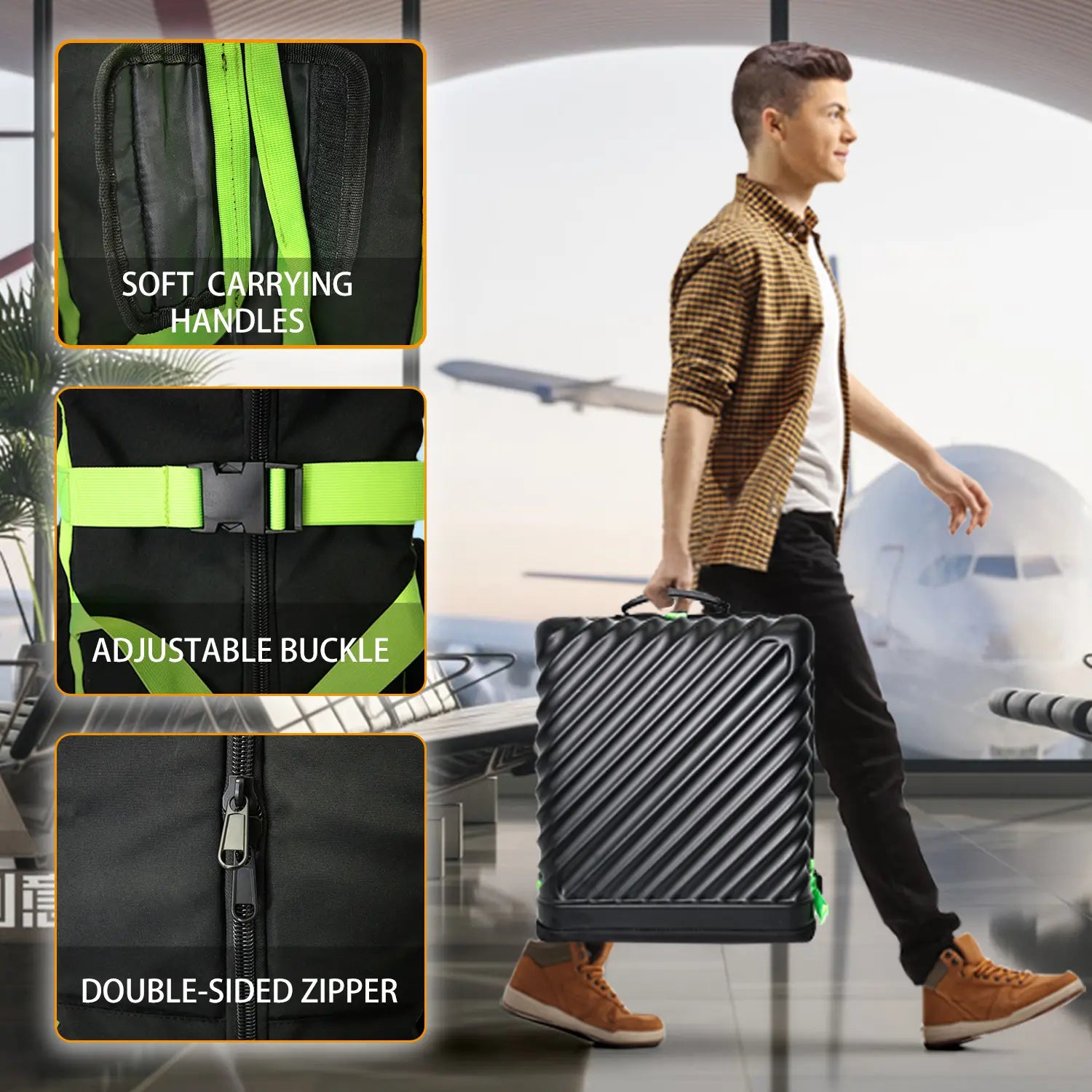 Yamato golf travel case key details composite: Reinforced handle, waterproof zipper, and non-slip base - Premium protection features