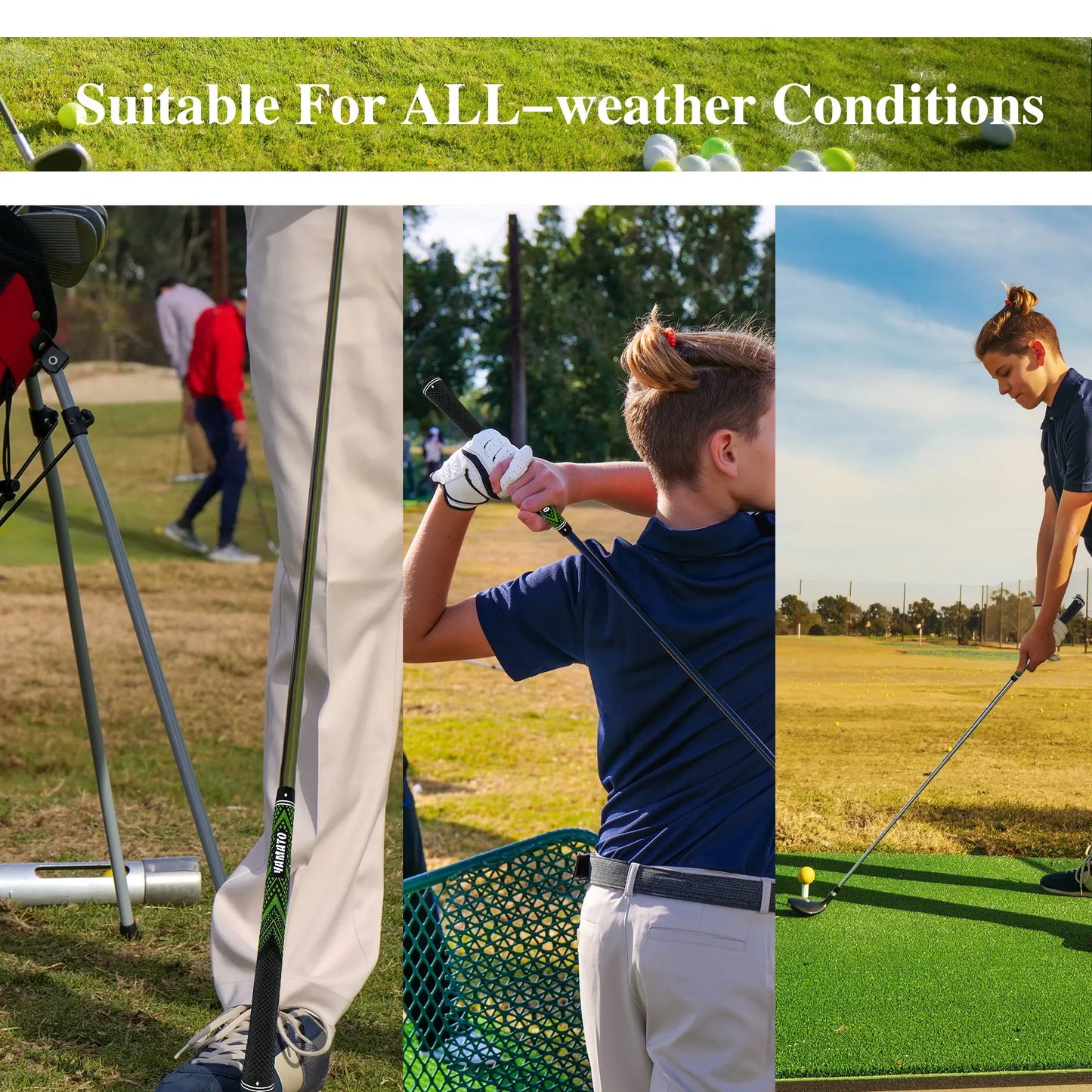 Golfer swinging club with Yamato green golf grip, demonstrating comfortable non-slip feel