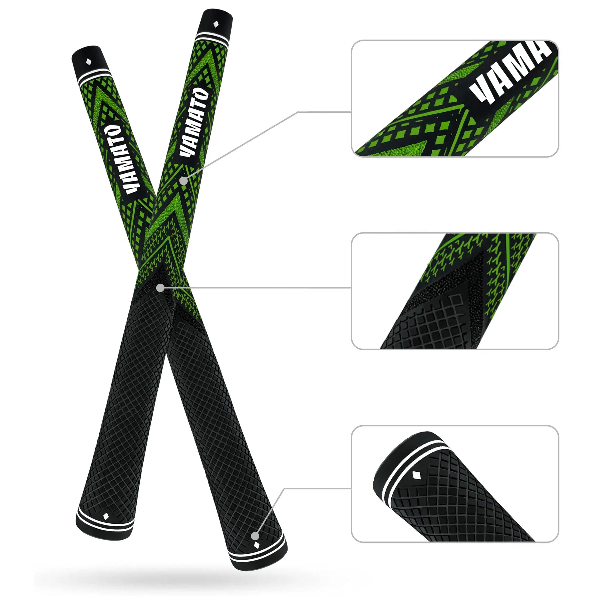 Yamato green golf grip sliced view showing midsection, butt end, and top cap details