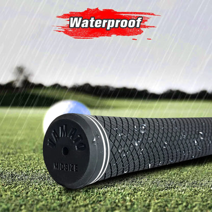 Yamato green golf grip on wet grass in rainy weather, showcasing waterproof all-weather performance