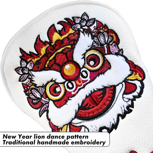 Close-up of traditional Chinese lion embroidery on white Dura-Leather Yamato head cover