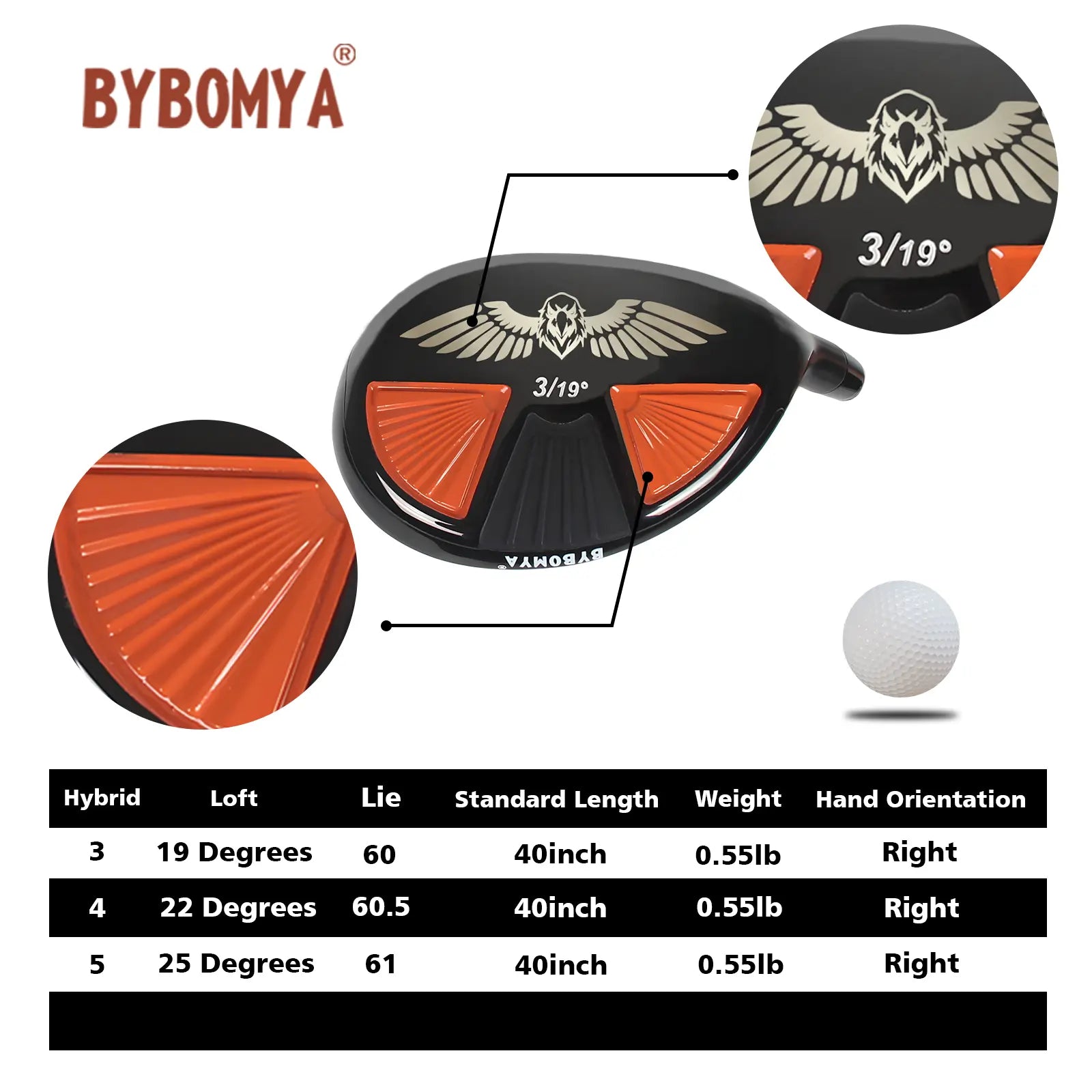 Detailed specifications of Yamato hybrid golf club including loft, lie, and shaft length