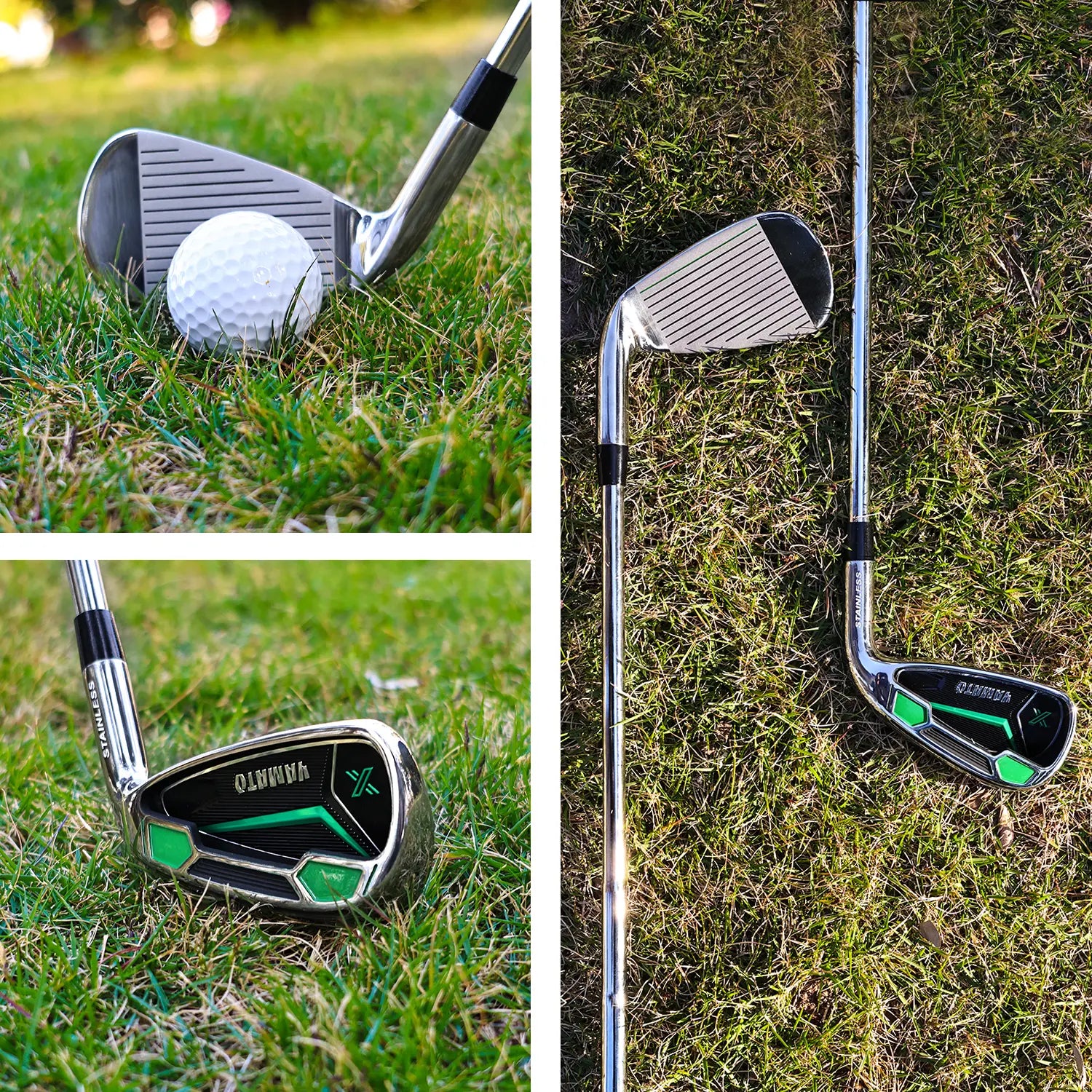 Yamato Stainless Steel Iron Shown in 3 Grass-Side Views