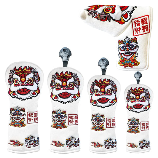 White Dura-Leather Lion golf club head covers full set – front view, featuring traditional Chinese lion dance embroidery