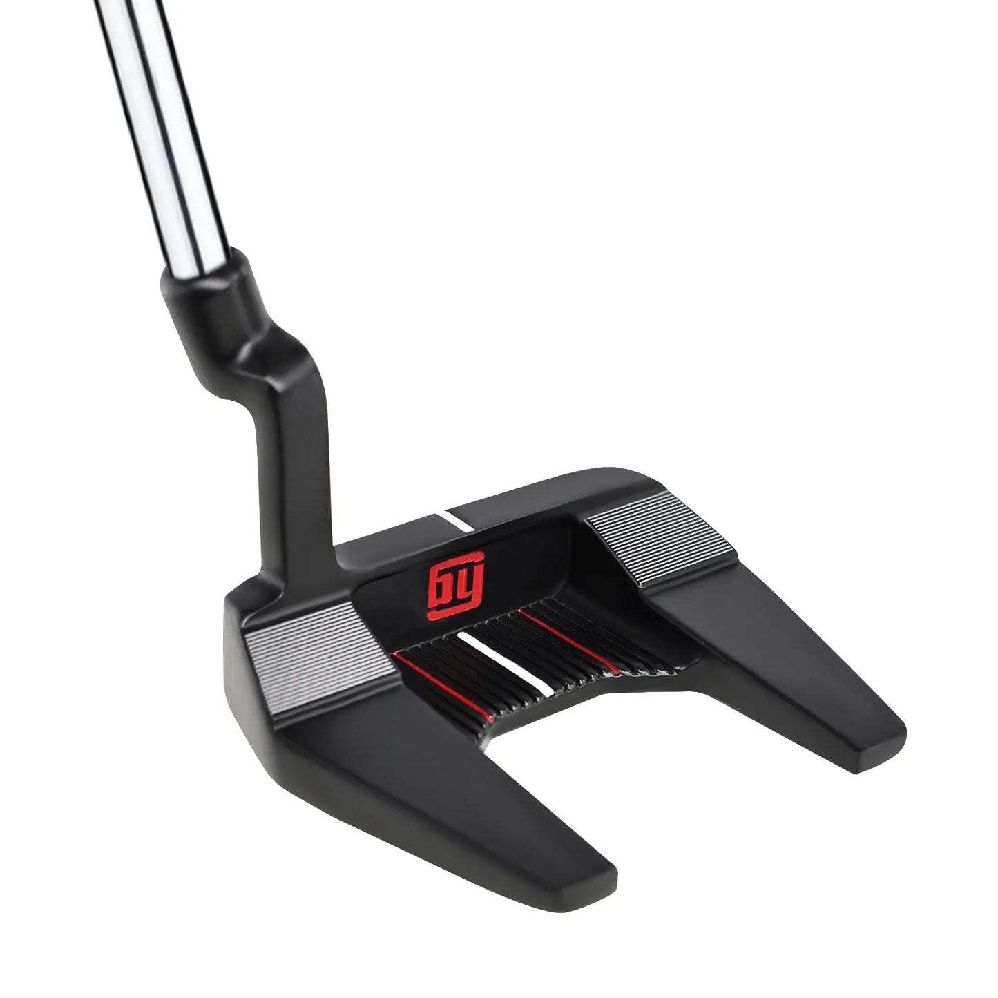  Top-down view of Yamato mallet golf putter showcasing the built-in white aiming line and black matte finish.