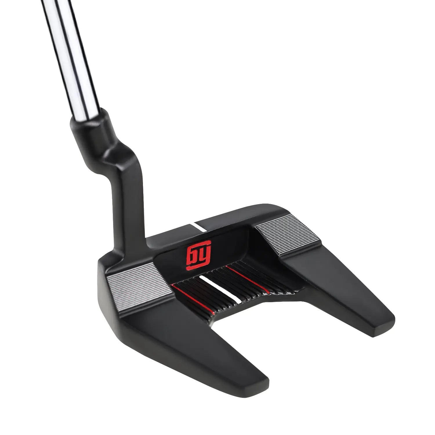  Top-down view of Yamato mallet golf putter showcasing the built-in white aiming line and black matte finish.