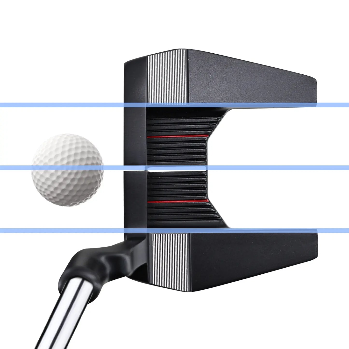 Demonstration of Yamato putter aligning perfectly with a golf ball using the aiming line.