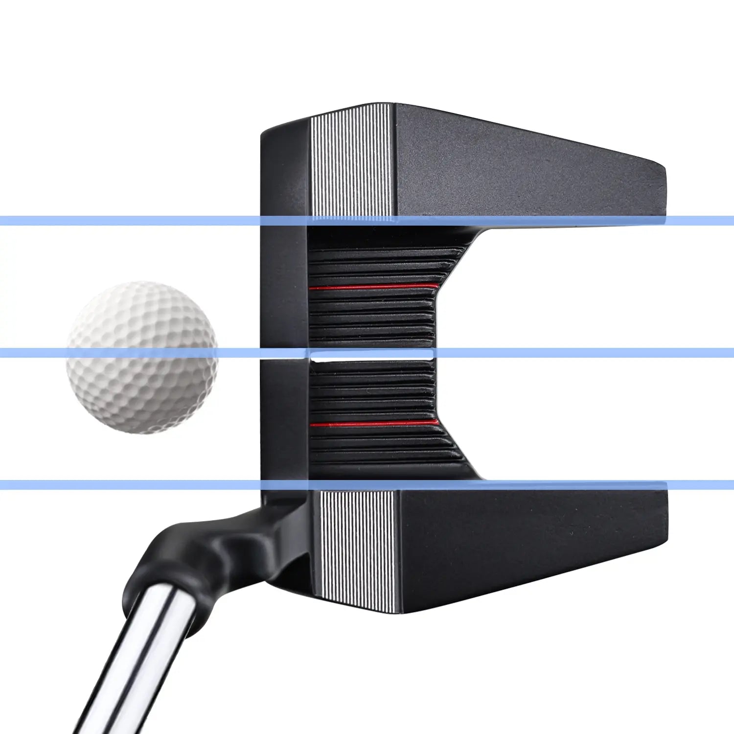 Demonstration of Yamato putter aligning perfectly with a golf ball using the aiming line.