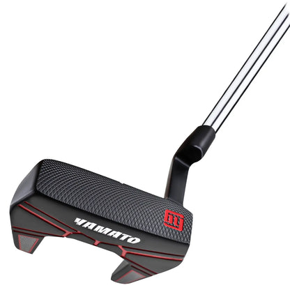 Close-up image of the grooved striking face on the Yamato putter, designed to improve friction and enhance ball roll.