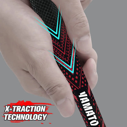 Yamato red golf grip held in hand, showing comfortable feel and non-slip all-weather design