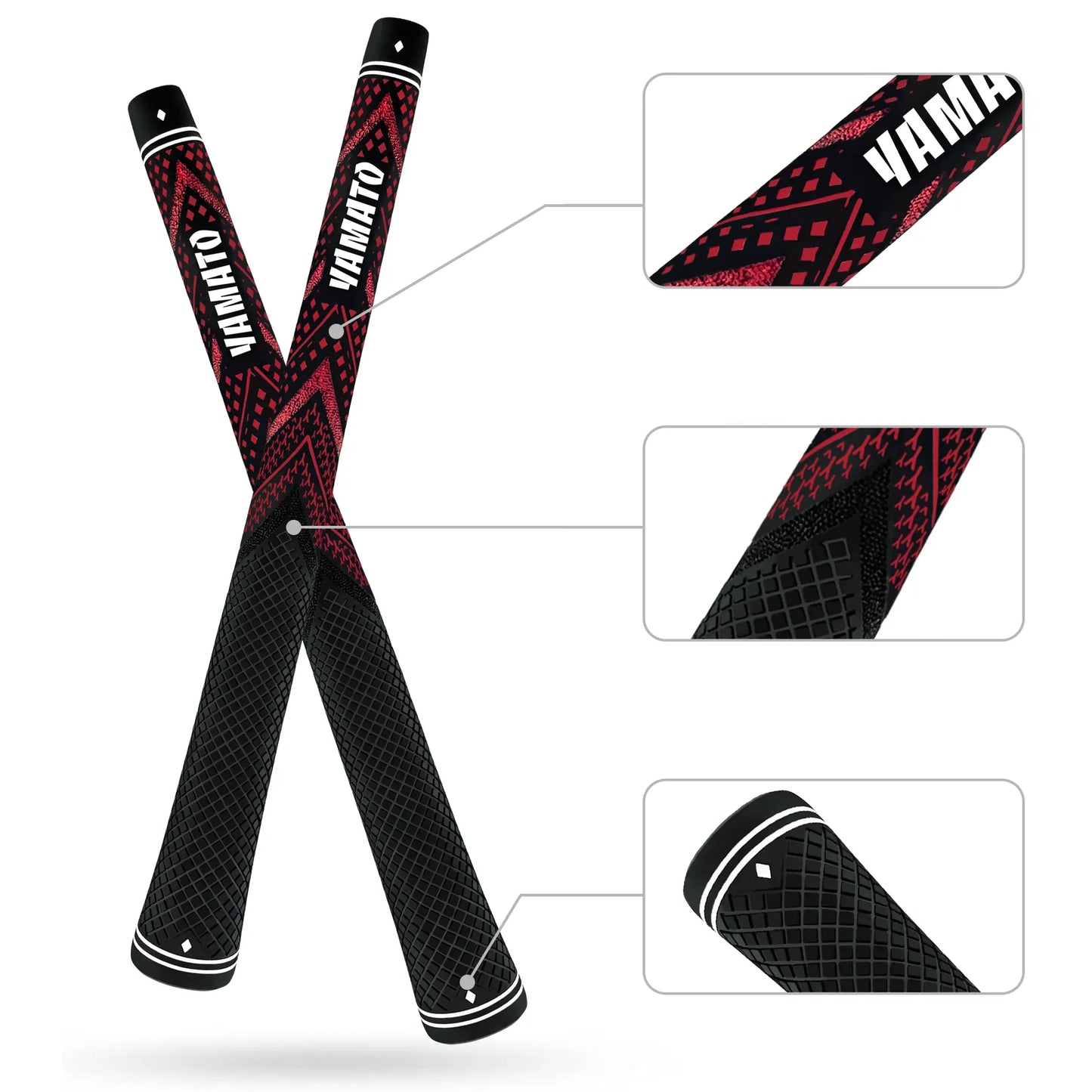 Yamato red golf grip sliced view showing midsection, butt end, and top cap details