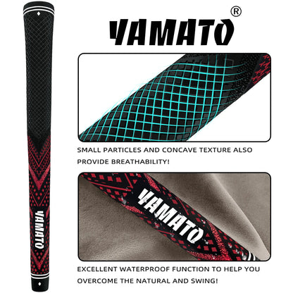 Collage of Yamato red golf grip showing texture pattern and embossed brand logo details