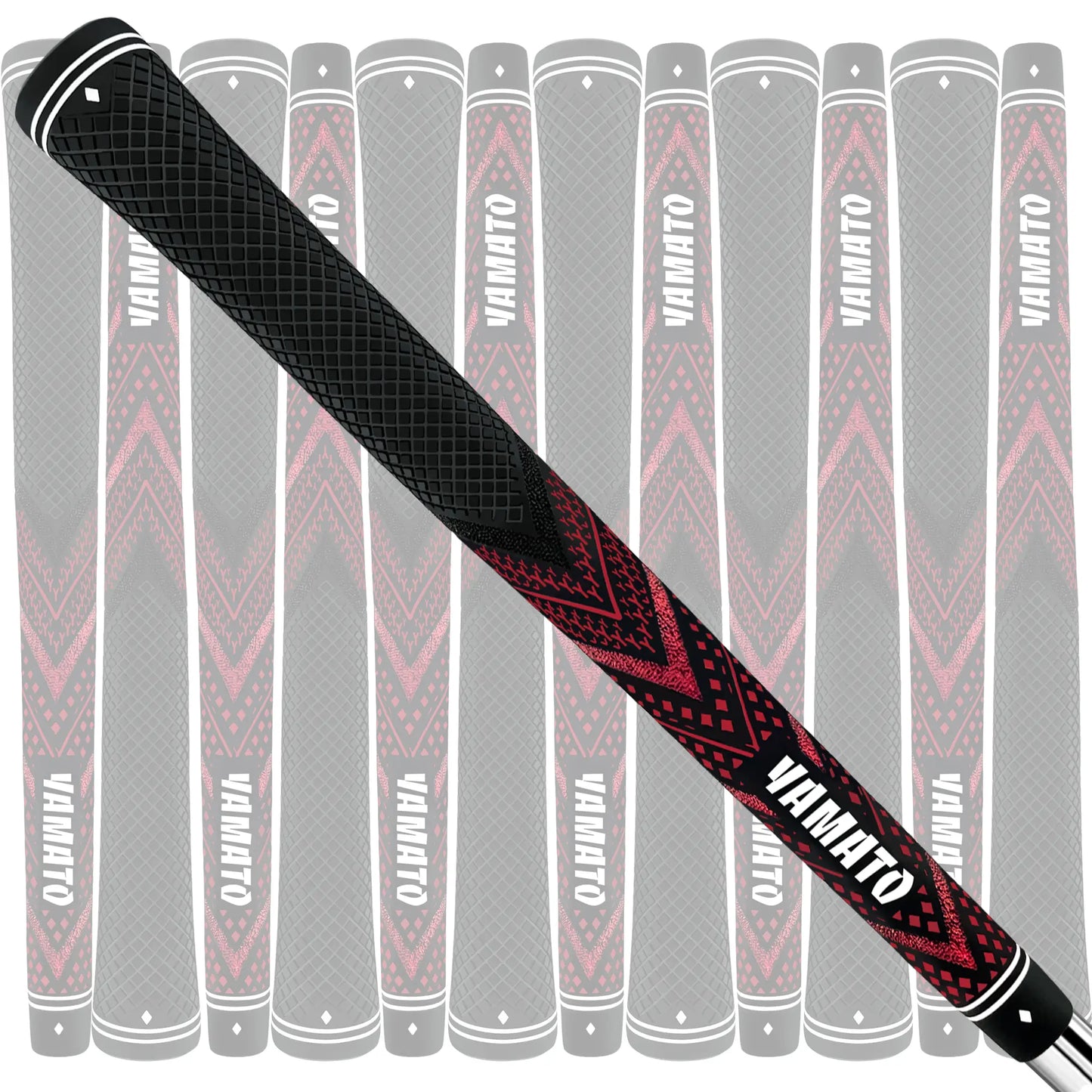 Angled view of Yamato red golf grips 13pcs set, non-slip texture for all-weather play