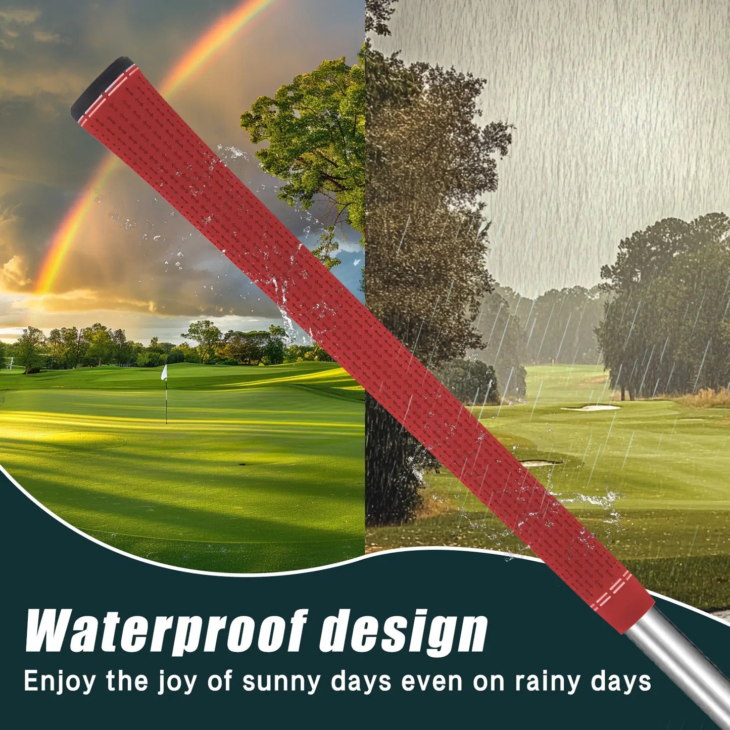 Yamato red golf grips showing waterproof performance in rainy conditions – reliable all-weather grip.