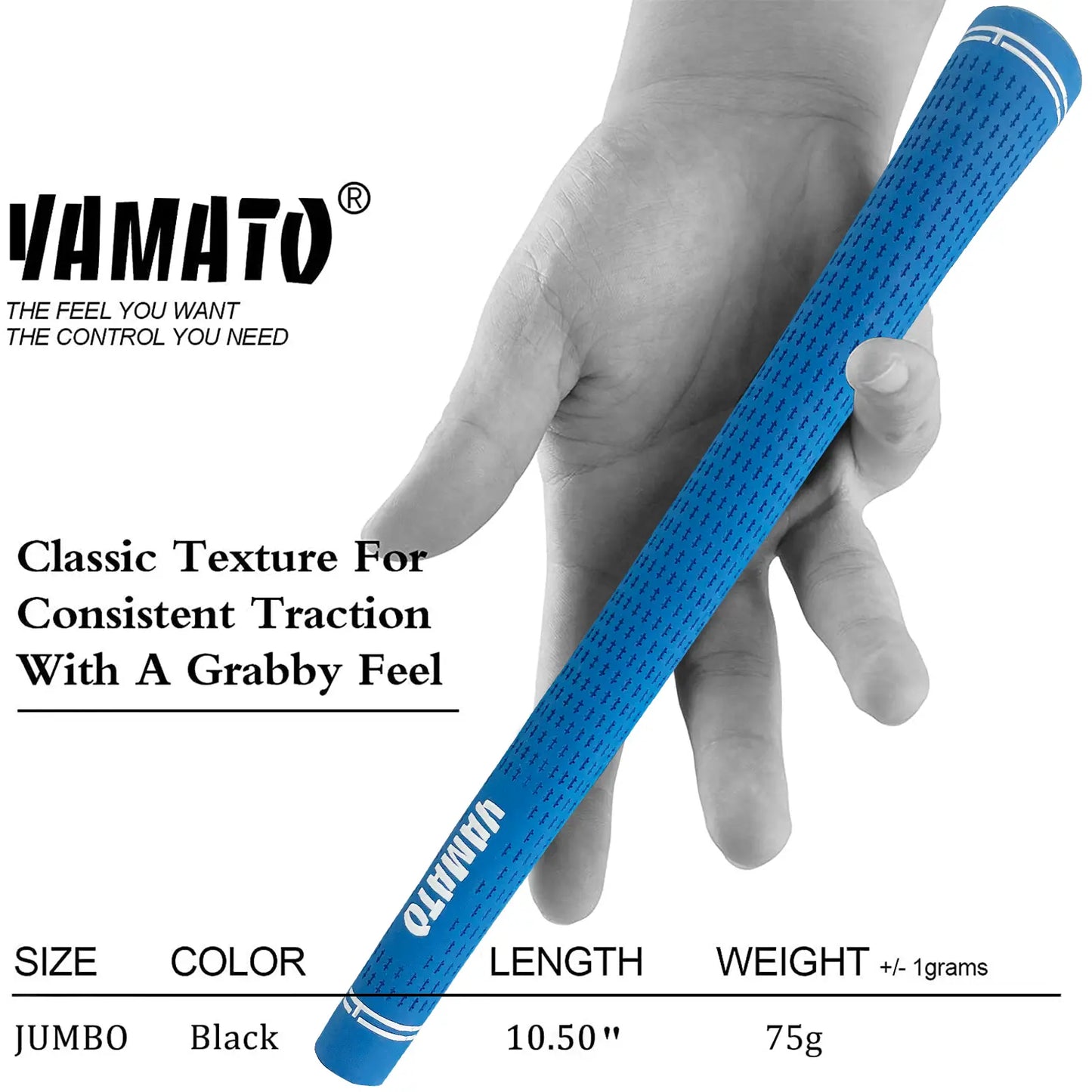 Square size chart for Yamato rubber golf grips, showing length, diameter, and weight specifications in detail.