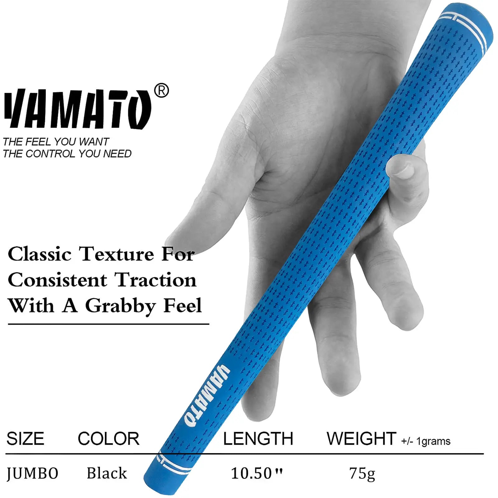 Square size chart for Yamato rubber golf grips, showing length, diameter, and weight specifications in detail.