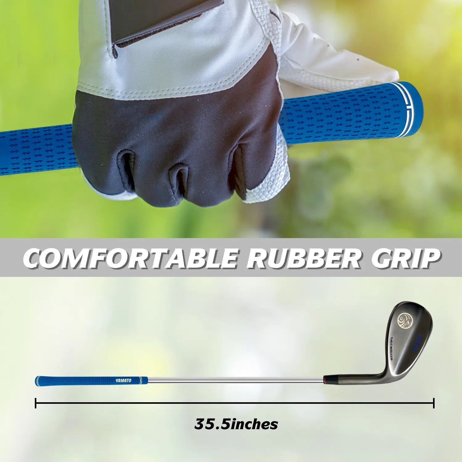 Detailed view of Yamato golf wedge grip and steel shaft design.