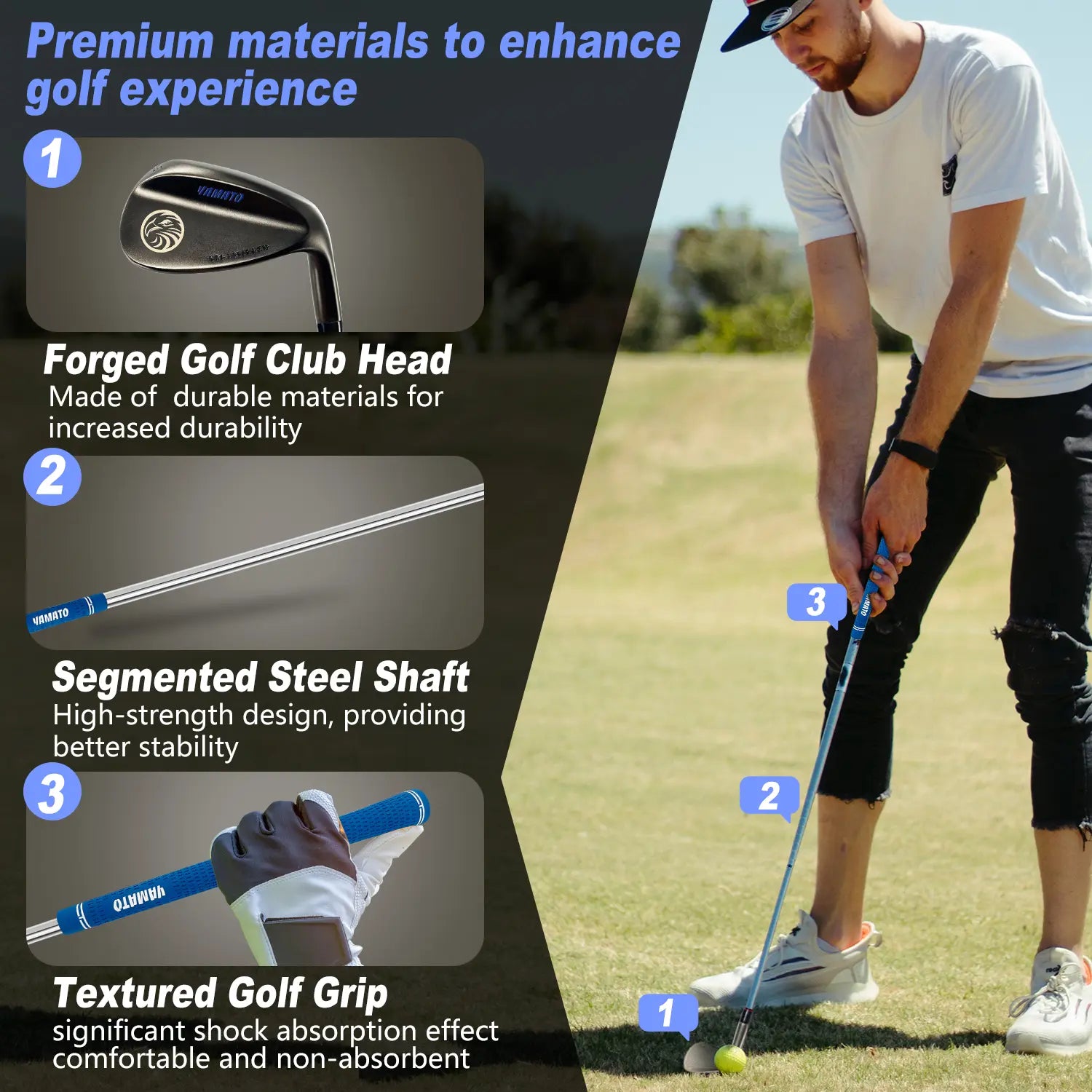 Close-up scenes of Yamato wedge in real play – showing grip, address position, and follow-through.