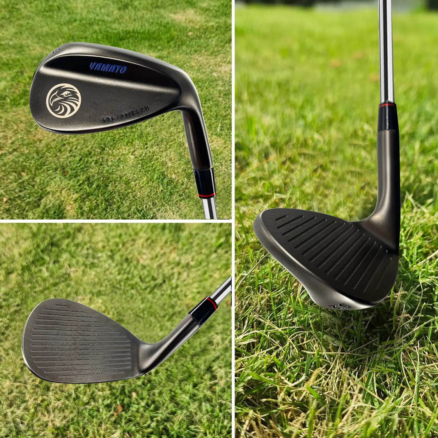 Three views of Yamato golf wedge on grass – face, sole, and back showing laser engraving and CNC grooves.