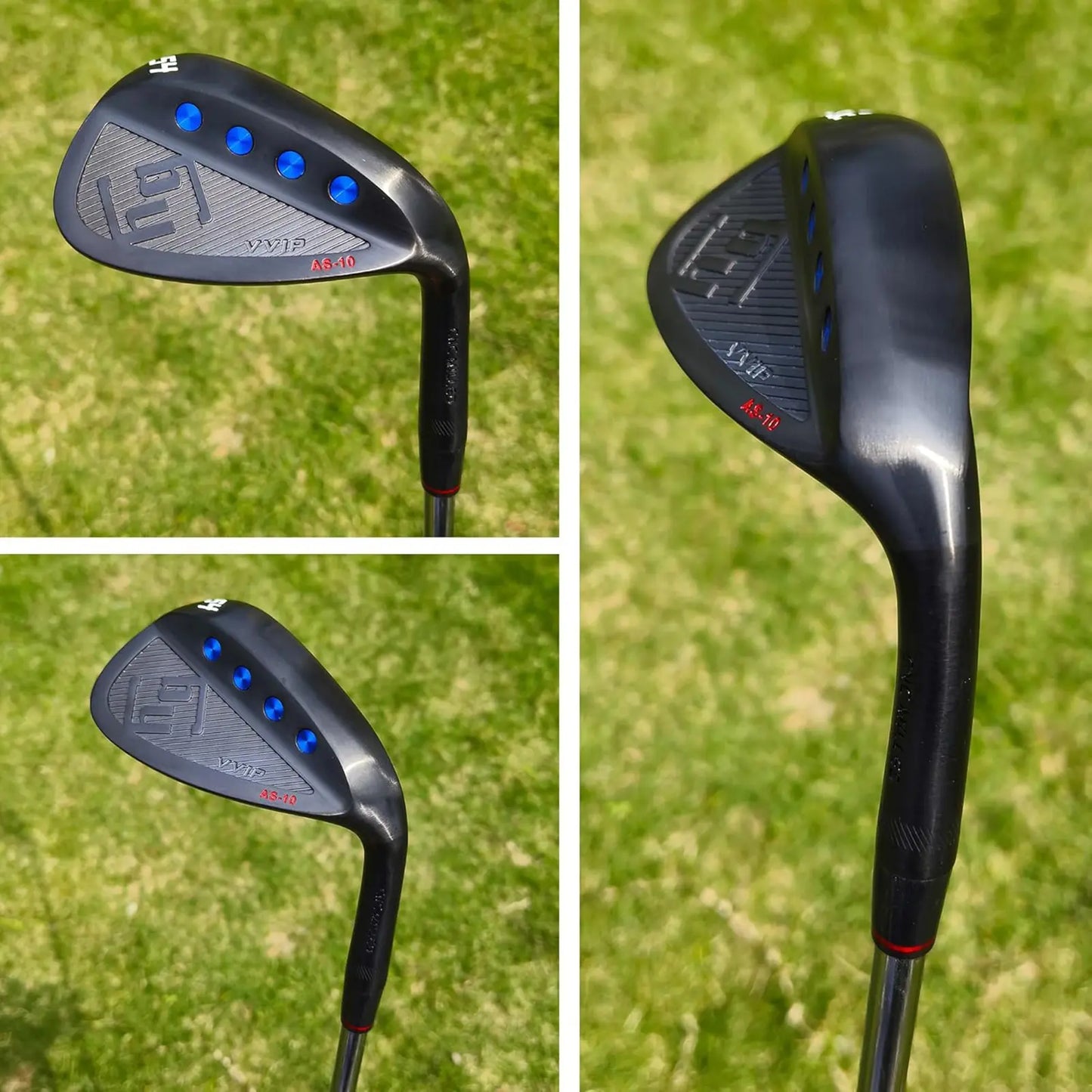 Back view of Yamato full face wedges 52°, 56°, and 60° aligned outdoors on grass