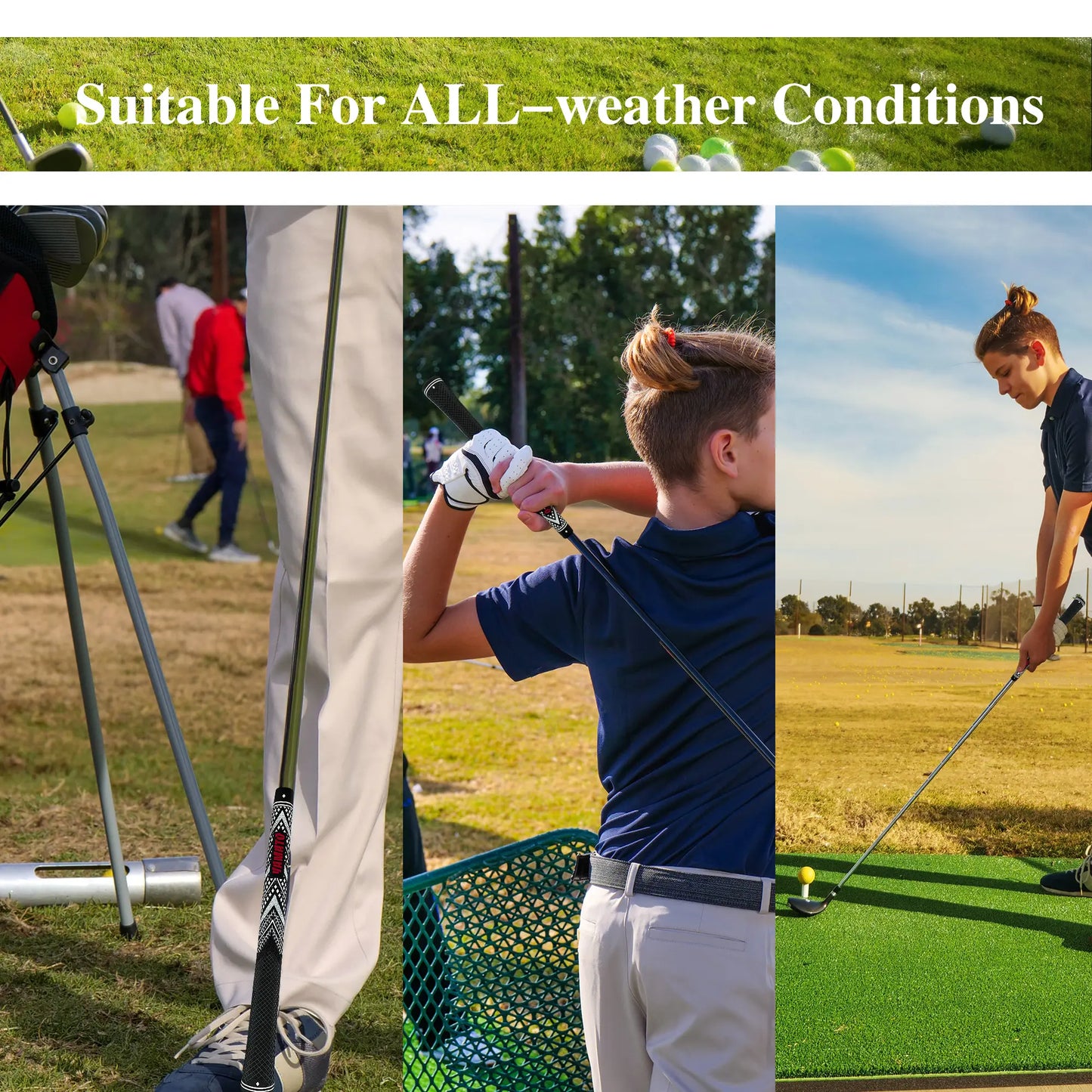 Golfer swinging club with Yamato white golf grip, demonstrating comfortable non-slip feel