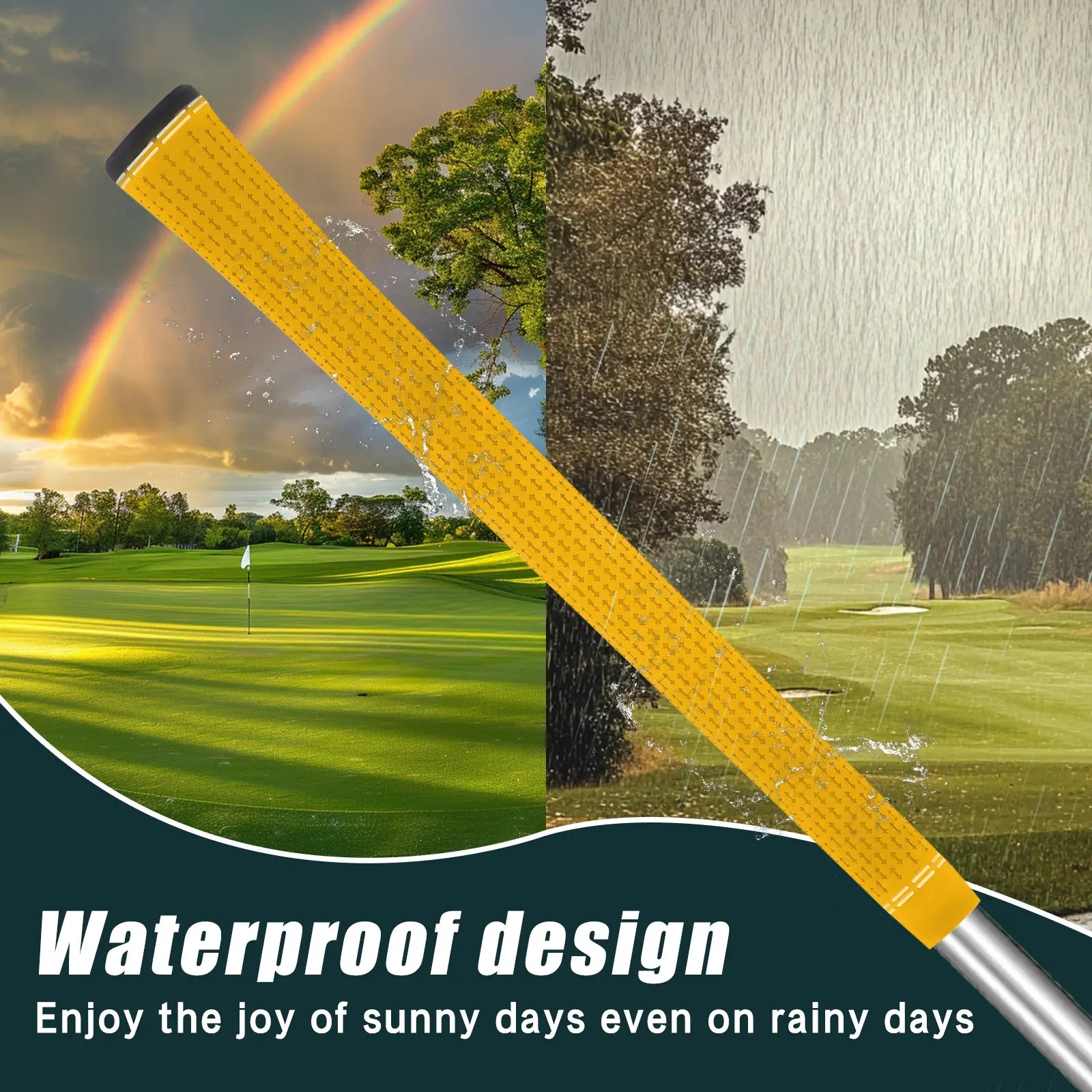 Yamato yellow golf grips showing waterproof performance in rainy conditions – reliable all-weather grip.