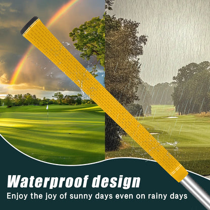 Yamato yellow golf grips showing waterproof performance in rainy conditions – reliable all-weather grip.