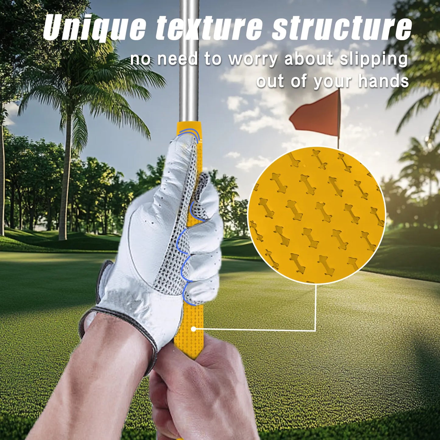Close-up of Yamato yellow golf grip texture – anti-slip surface for all-weather performance.