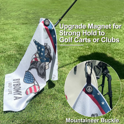 Close-up of Yamato magnetic golf towel, American flag pattern with strong magnet attachment and quick-dry detail.