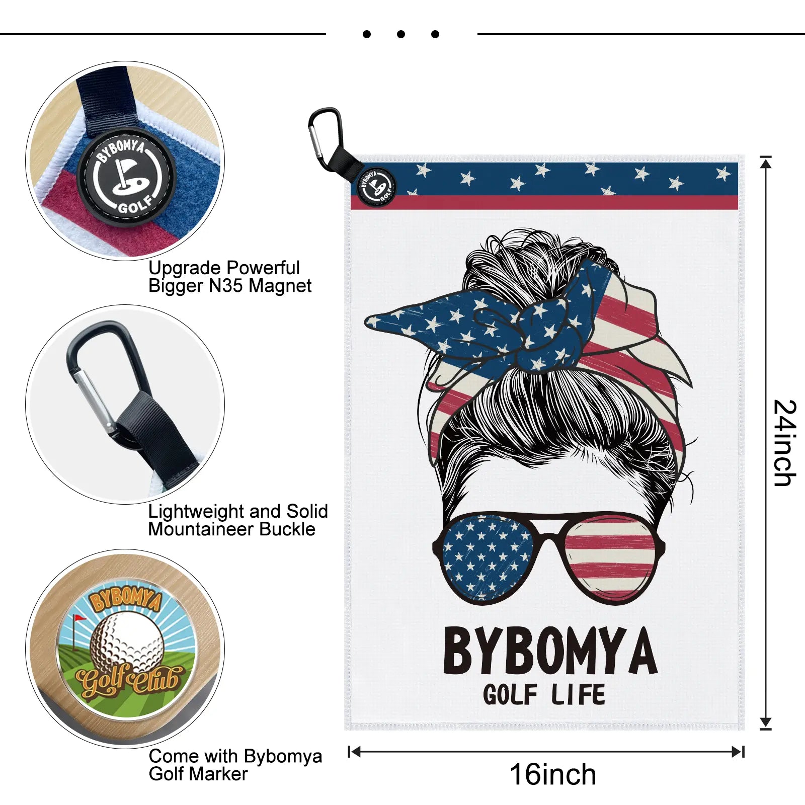 Three feature highlights of Yamato magnetic golf towel: durable clip, strong magnet attachment, and product size dimensions.