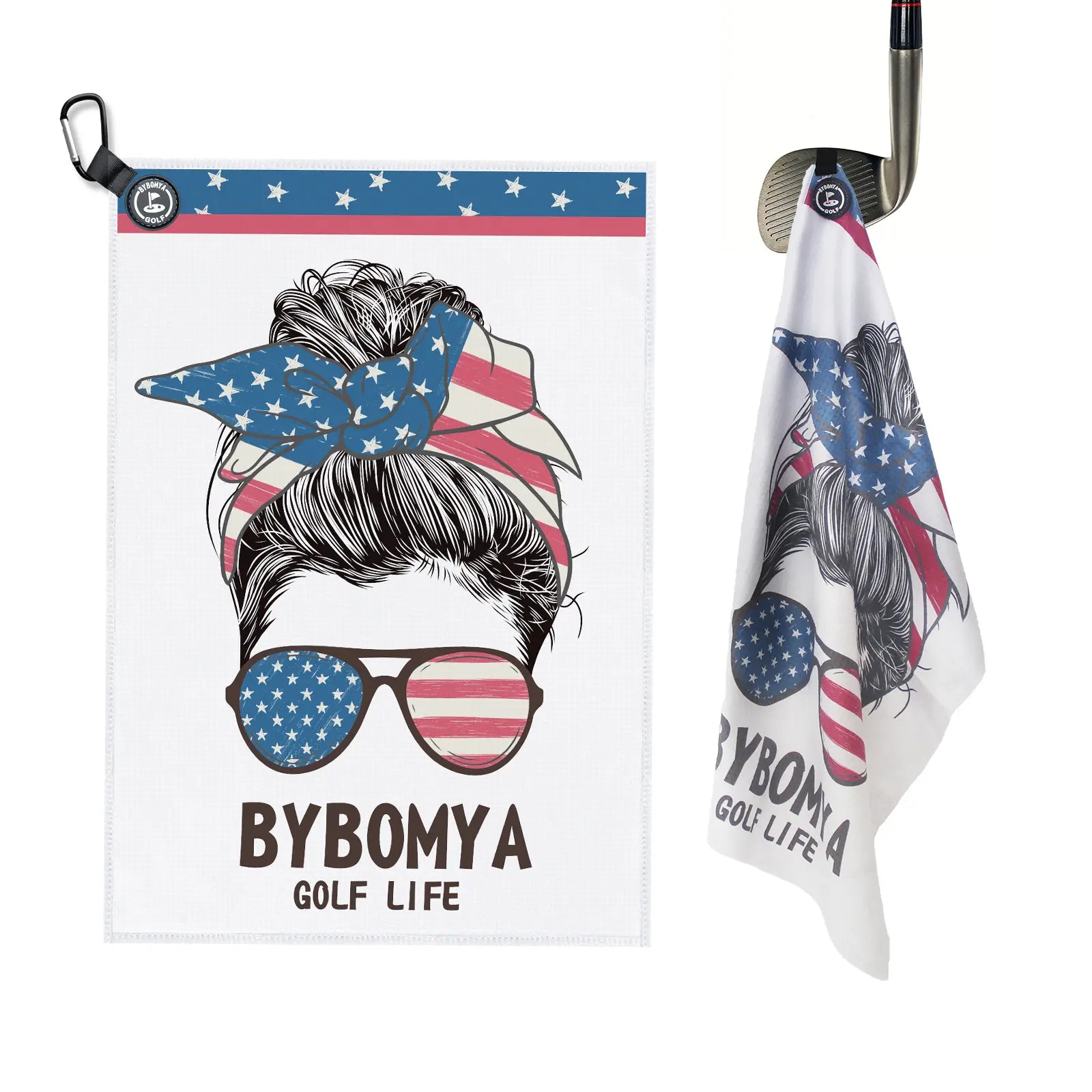 Front view of Yamato magnetic golf towel with American flag design attached securely to a golf club head.