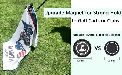 Wide view of Yamato magnetic golf towel with American flag pattern, left side showing on-course use, right side showing strong magnet front and back.