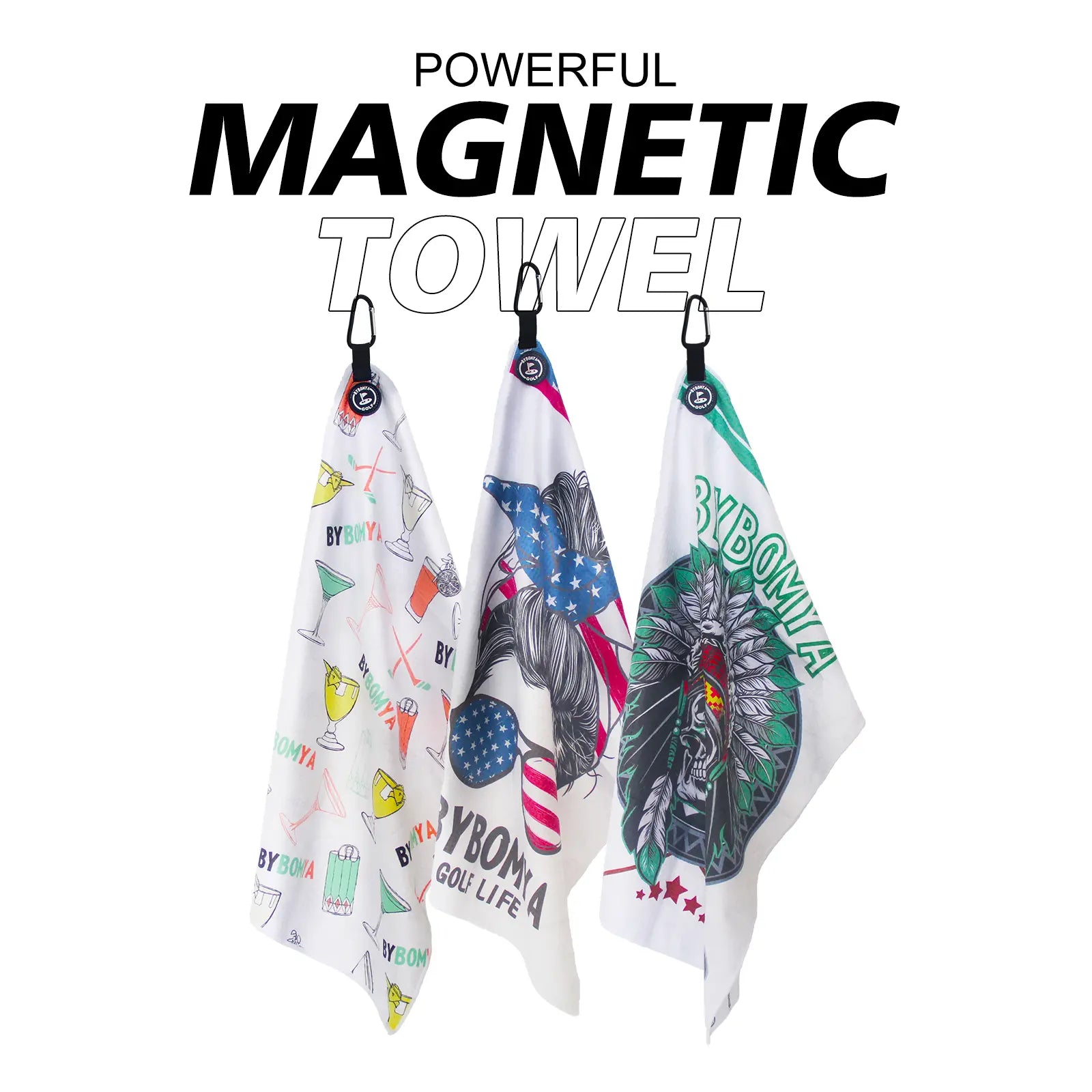 Comparison of Yamato magnetic golf towels in multiple patterns including American flag design, quick-dry microfiber.